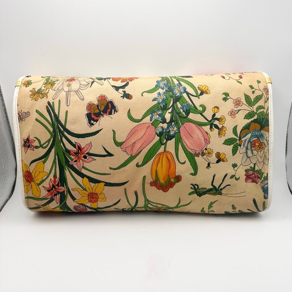 Gucci Vintage 80s Flora Flap Clutch Bag Ecru Canvas White Leather Trim READ - Picture 8 of 16